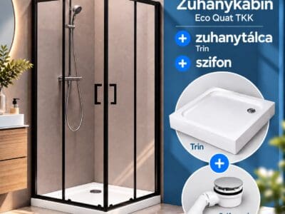 Eco Quat TKK 80x80, fekete, zuhanykabin + Trin előlapos zuhanytálca + szifon csomag