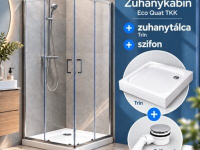 Eco Quat TKK 80x80, ezüst zuhanykabin + Trin előlapos zuhanytálca + szifon csomag