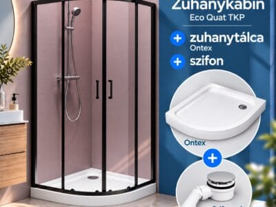 Eco Quat TKP 80x80, fekete íves zuhanykabin + Ontex előlapos zuhanytálca + szifon csomag