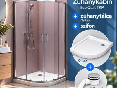 Eco Quat TKP 80x80, ezüst íves zuhanykabin + Ontex előlapos zuhanytálca + szifon csomag